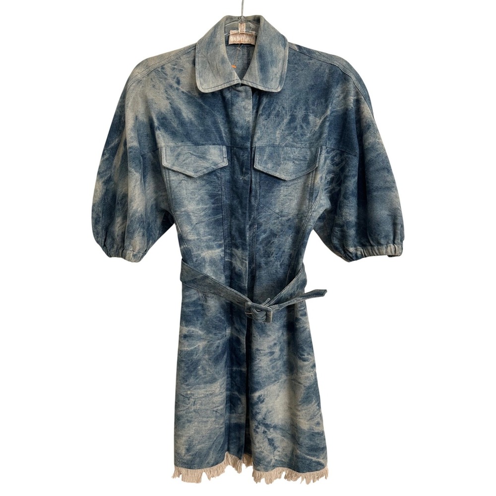 Divine Heritage Acid Wash Denim Mini Dress Belted Fringe XS